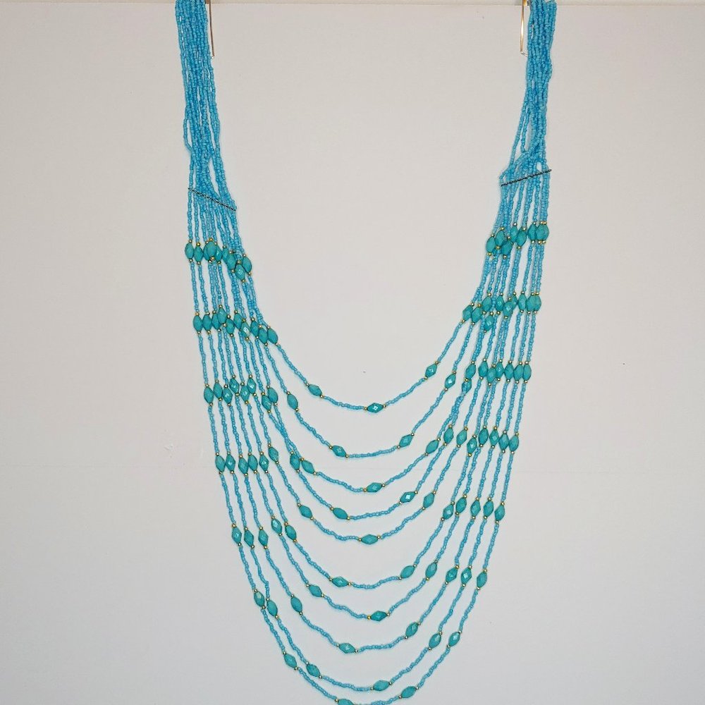 Blue Beaded Multi-Strand Bib Necklace. 33 inches